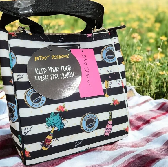 NWT Betsey Johnson "Caviar & Bubbly" Insulated Lunch Tote Chic Striped Bag - Picture 1 of 17